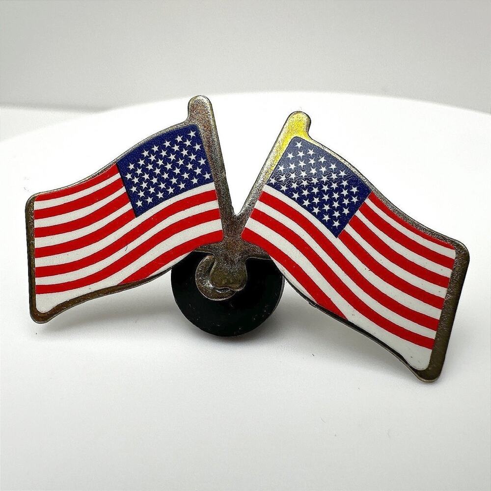 Vintage Patriotic Brooch Pin Crossed Double American Flags Enamel Jewelry 90's